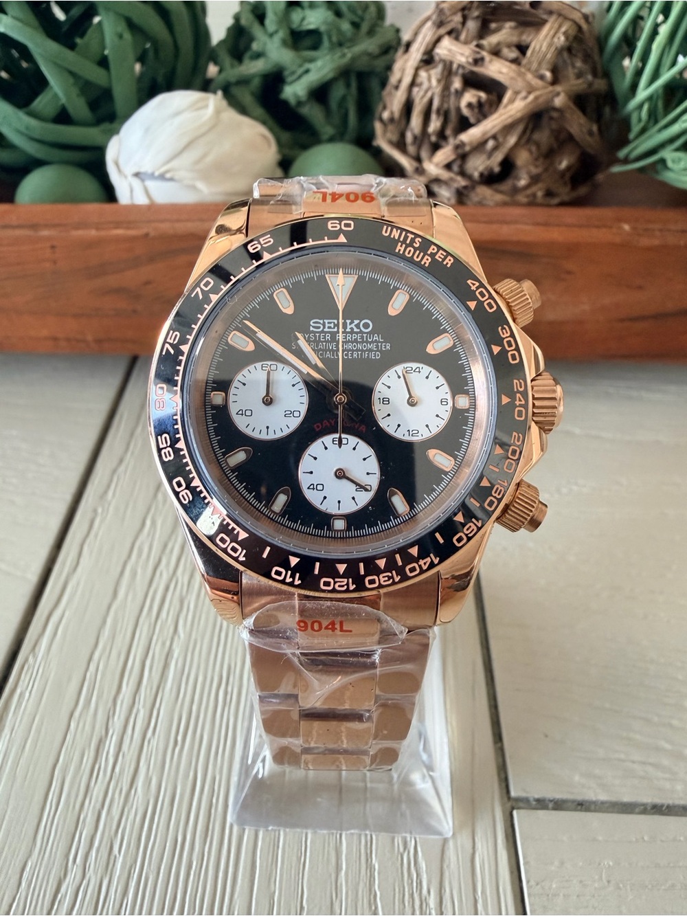 Seiko Rose Gold Chronograph Watch with Black Dial and White Subdials